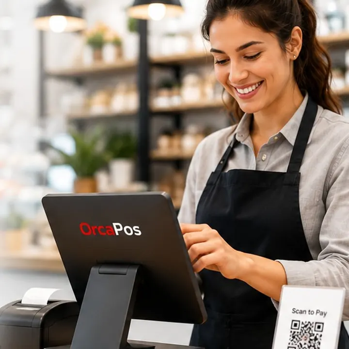 Cashier using an OrcaPos touch terminal with receipt printer