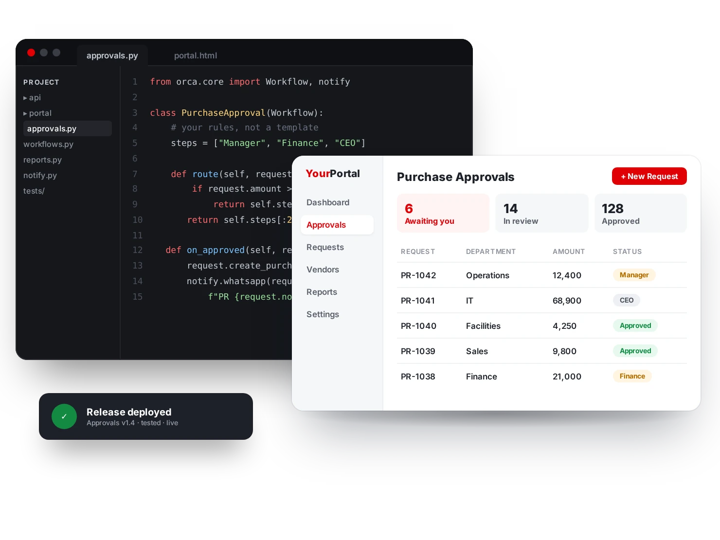 Code editor and a custom approvals portal