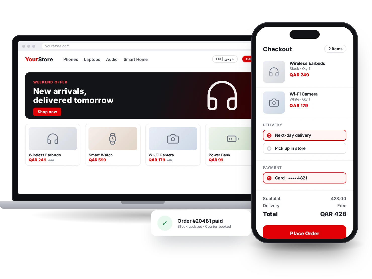 Online storefront on a laptop and mobile checkout on a phone