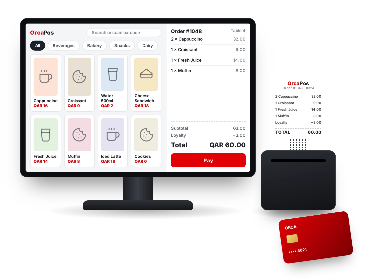 OrcaPos terminal with receipt printer and card